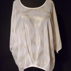 AGB Women’s Large Ivory Gold Foil Sheer Poncho Blouse